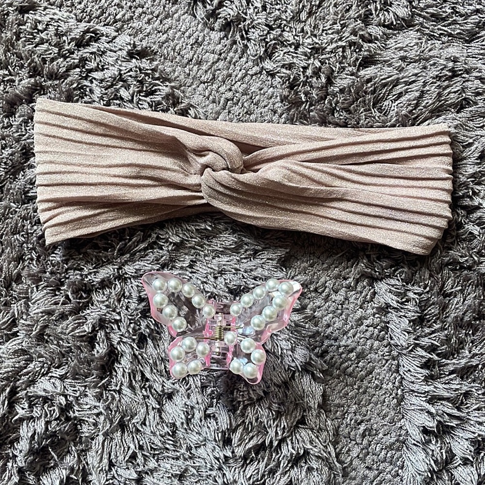 Pink Pearl Butterfly Hair Clip and Pink Sparkly Stretchy Headband
